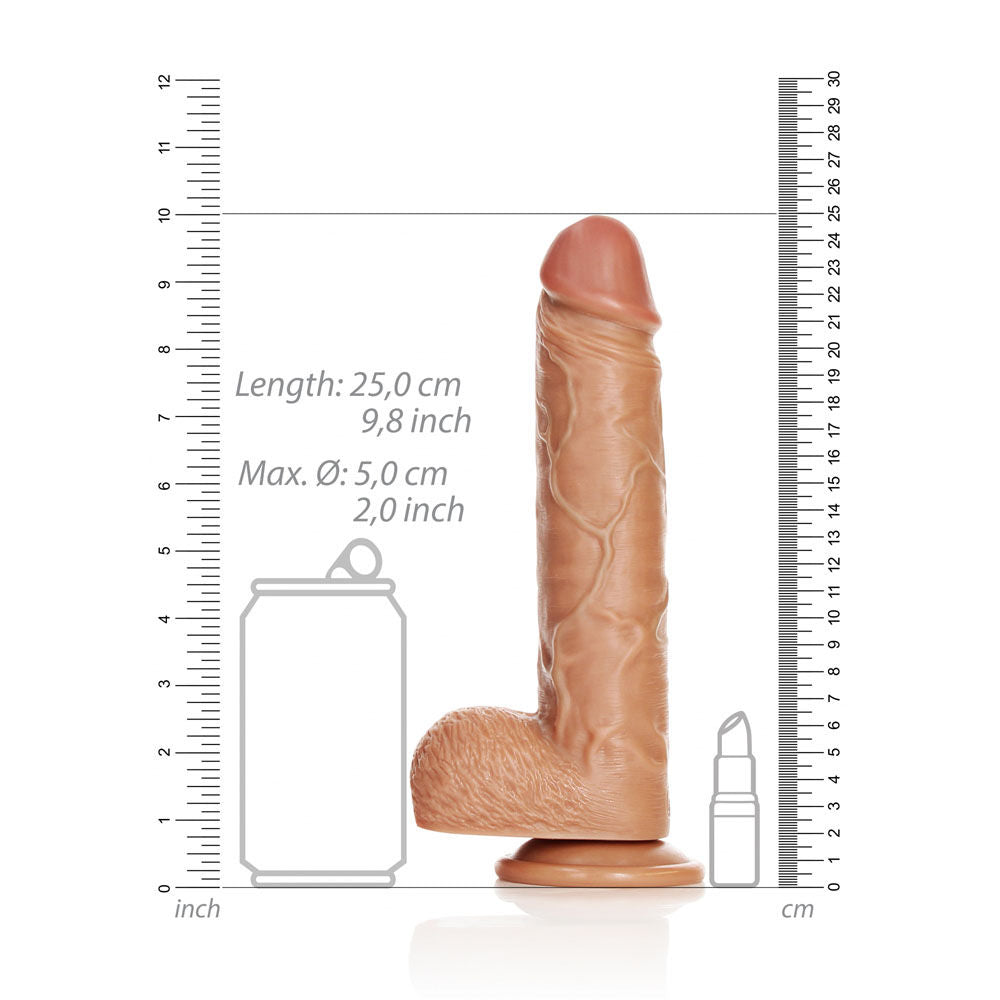 Realrock straight realistic tan dildo - 9" - Product front view, with sizes  | Flirtybay-adult-store-australia