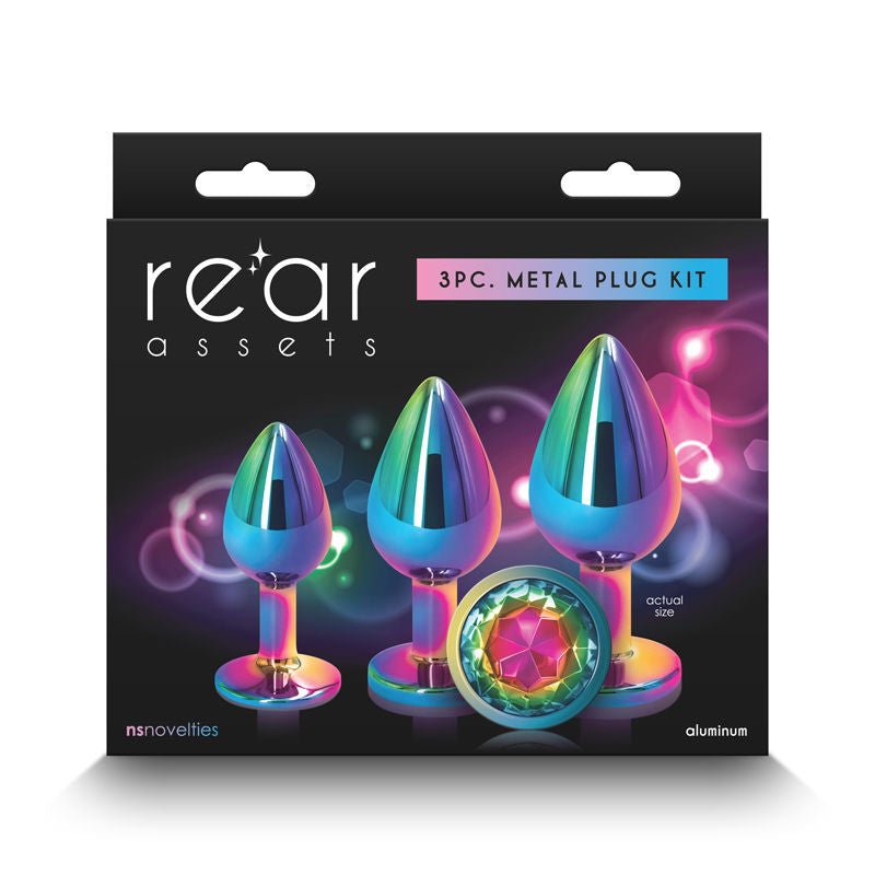 Rear assets - trainer metal butt plug kit - multicolour - rainbow -  box front view | Flirtybay
