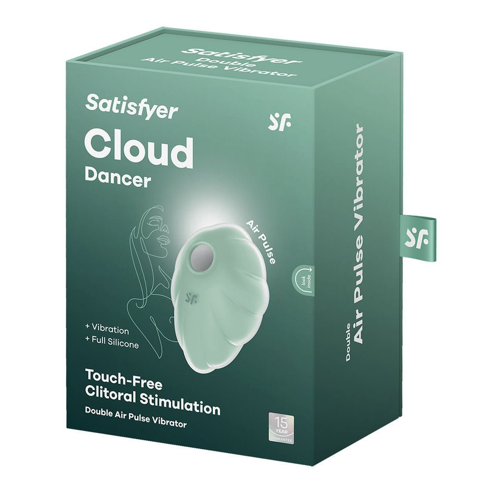 Satisfyer - cloud dancer - mint - air pulse - clitoral suction stimulator -  box side view | Flirty Bay