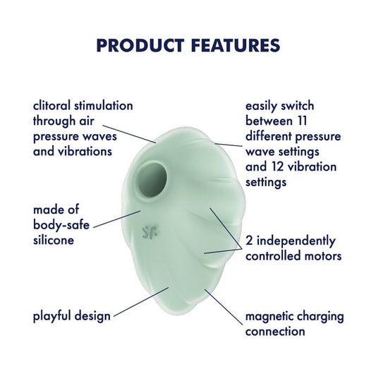 Satisfyer - cloud dancer - mint - air pulse - clitoral suction stimulator - Product side view, with specifications  | Flirty Bay