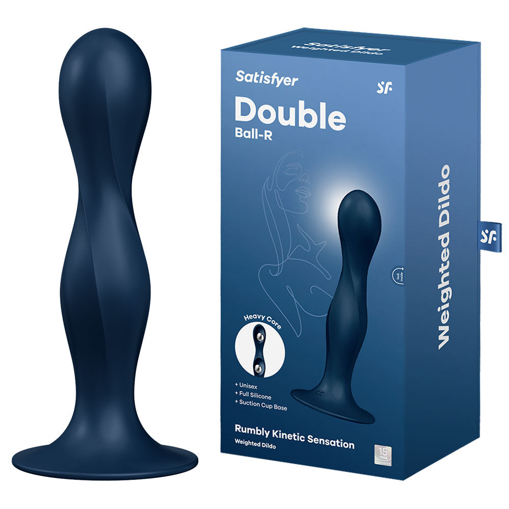 Satisfyer - double ball-r - dark dildo - Product front view and box side view | Flirtybay-adult-store-australia