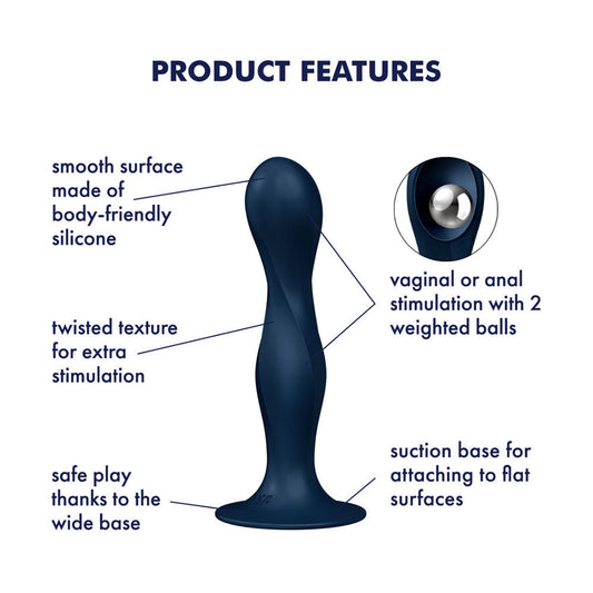 Satisfyer - double ball-r - dark dildo - Product front view, with specifications  | Flirtybay-adult-store-australia