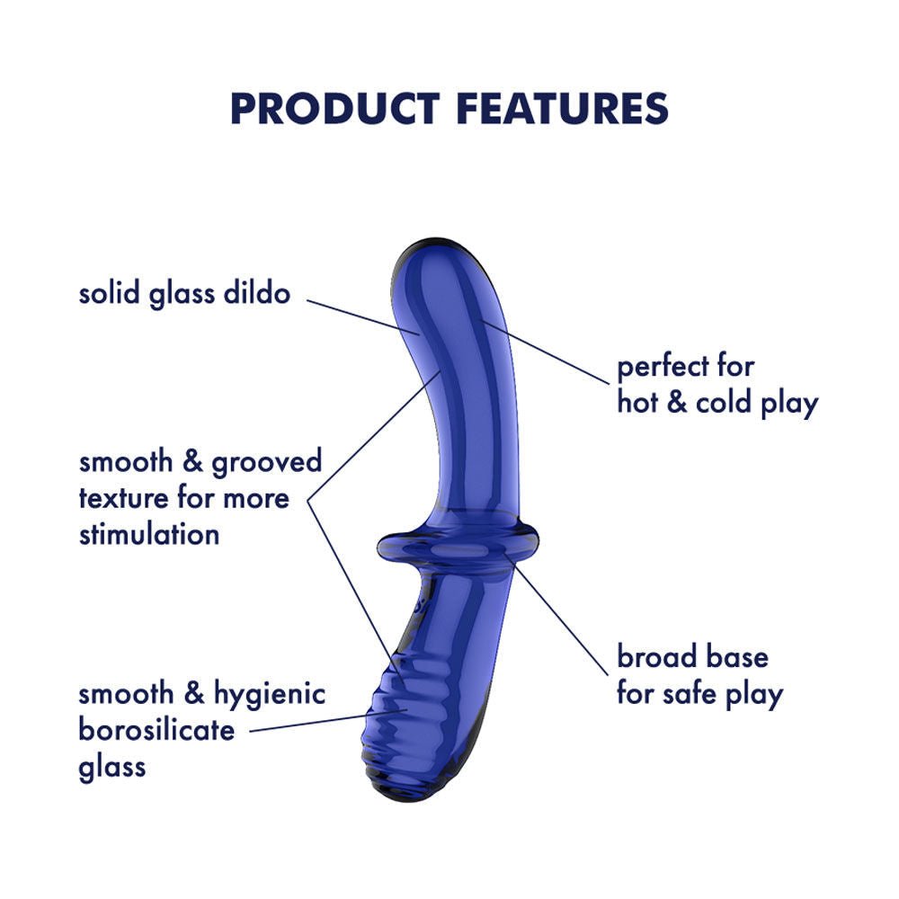 Satisfyer double crystal - glass dildo - Product side view, with specifications  | Flirtybay