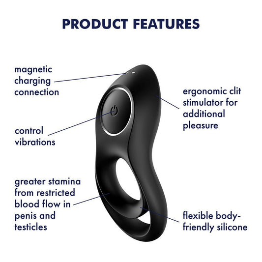 Satisfyer - legendary duo - vibrating  cock ring - Product side view, with specifications  | Flirty Bay