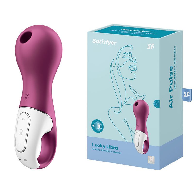 Satisfyer - lucky libra - air pressure waves - clitoral suction stimulator - Product front view and box side view | Flirty Bay