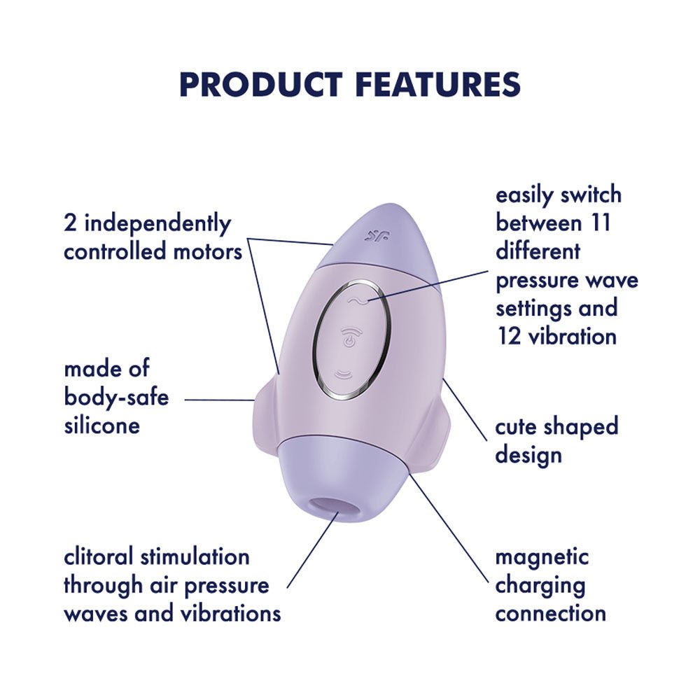 Satisfyer mission control - violet - air pulse - clitoral suction stimulator - Product side view, with specifications  | Flirty Bay