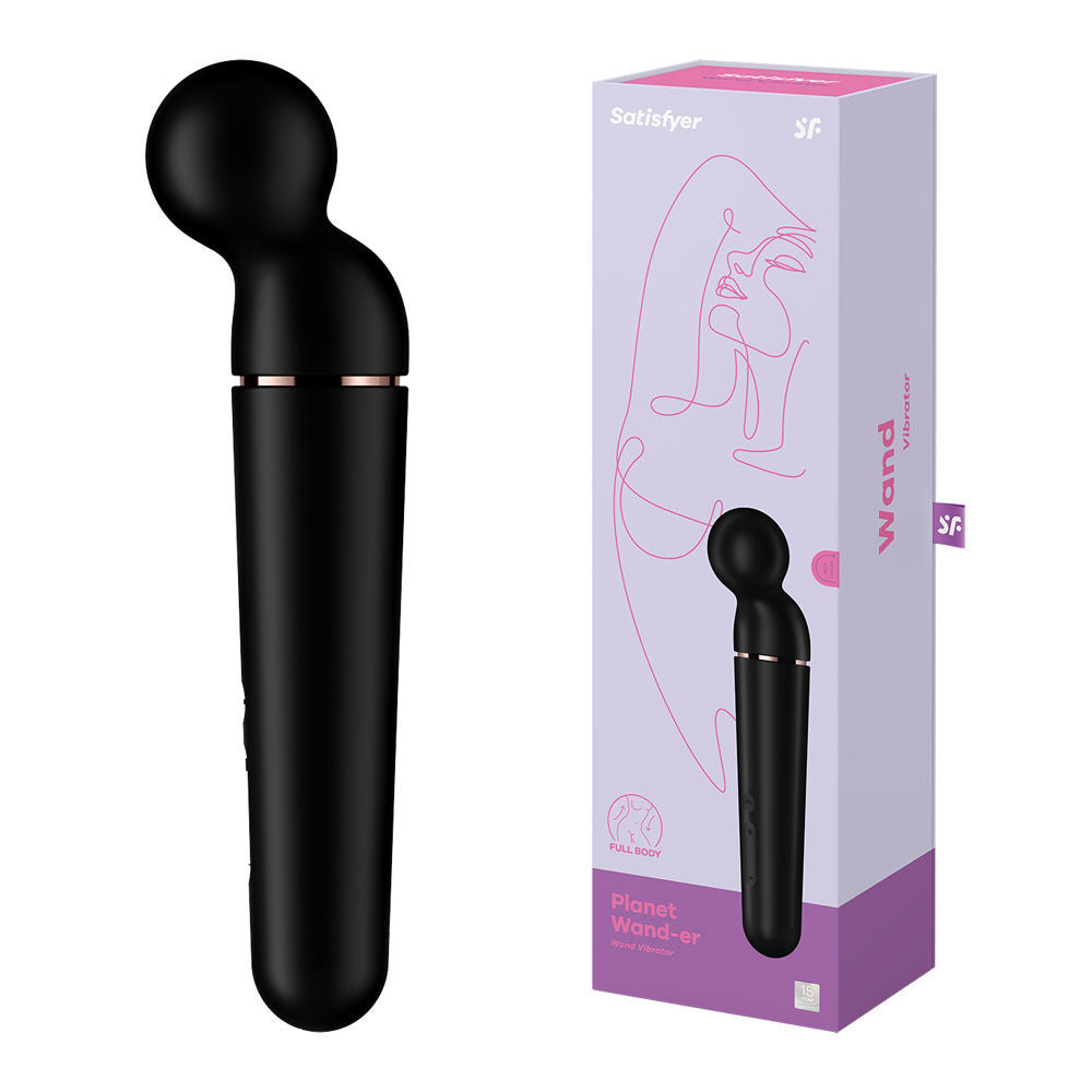 Satisfyer planet wand-er - black - vibrating wand - Product side view and box side view | Flirtybay Adult Shop Australia Lingerie Shop