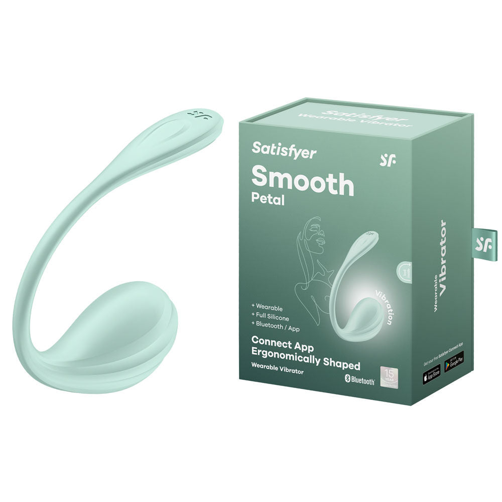 Satisfyer smooth petal - app controlled vibrator green - Product side view and box side view | Flirtybay Adult Shop Australia Lingerie Shop