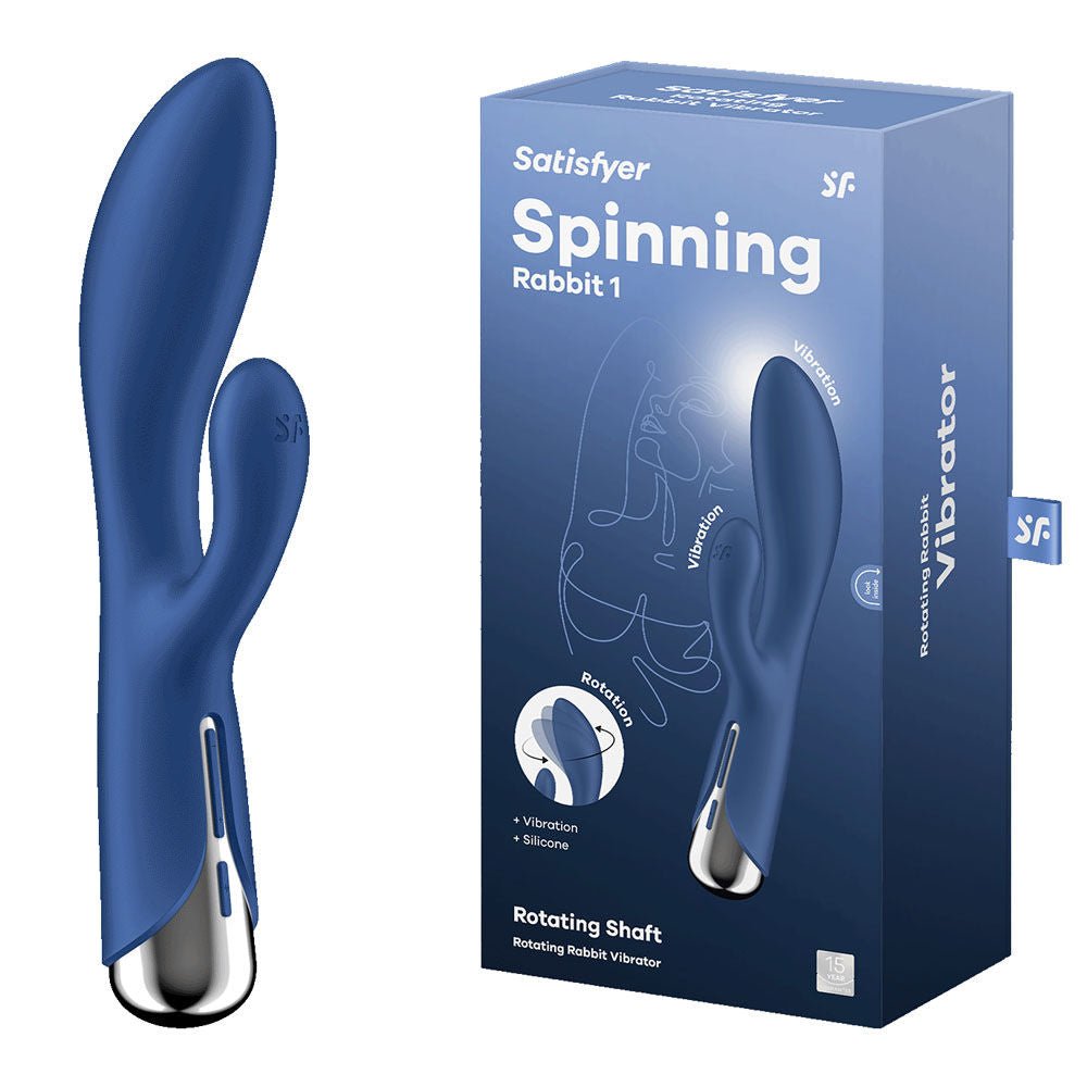 Satisfyer spinning blue rabbit vibrator 1 - Product front view and box side view | Flirty Bay
