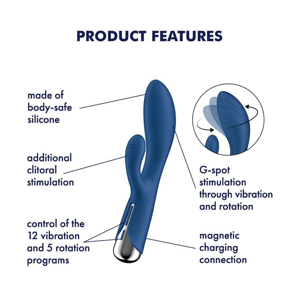 Satisfyer spinning blue rabbit vibrator 1 - Product side view, with specifications  | Flirty Bay