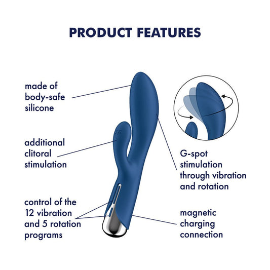 Satisfyer spinning blue rabbit vibrator 1 - Product side view, with specifications  | Flirty Bay