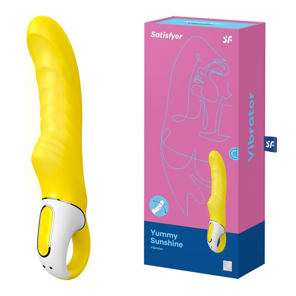 Satisfyer vibes - yummy sunshine - g-spot vibrator - Product side view and box side view | Flirtybay