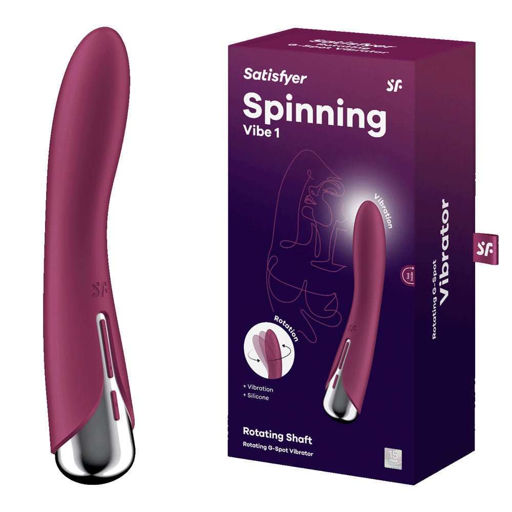 Satisfyer - red spinning vibe 1 - g-spot vibrator - Product side view and box side view | Flirty Bay