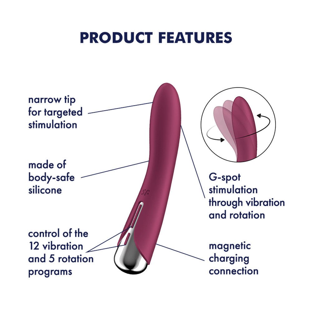 Satisfyer - red spinning vibe 1 - g-spot vibrator - Product side view, with specifications  | Flirty Bay