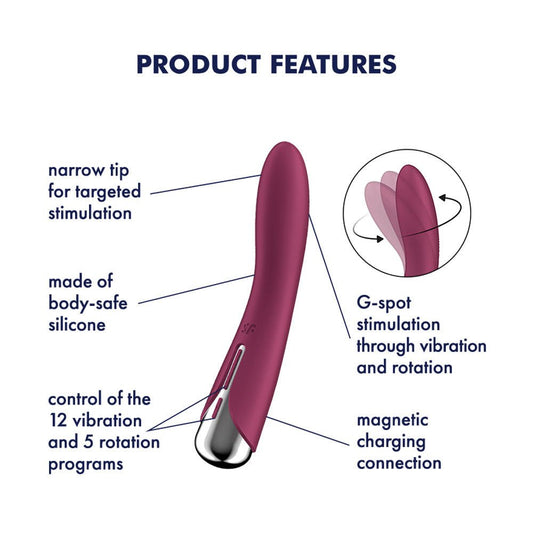 Satisfyer - red spinning vibe 1 - g-spot vibrator - Product side view, with specifications  | Flirty Bay
