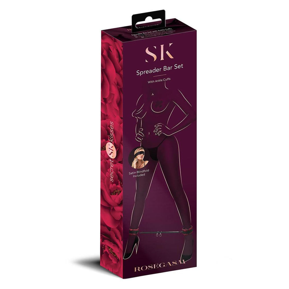 Secret Kisses - Rosegasm Spreader Bar Set - with Ankle Cuffs, displaying packaging | Flirty Bay online adult store, adult toys and lingerie