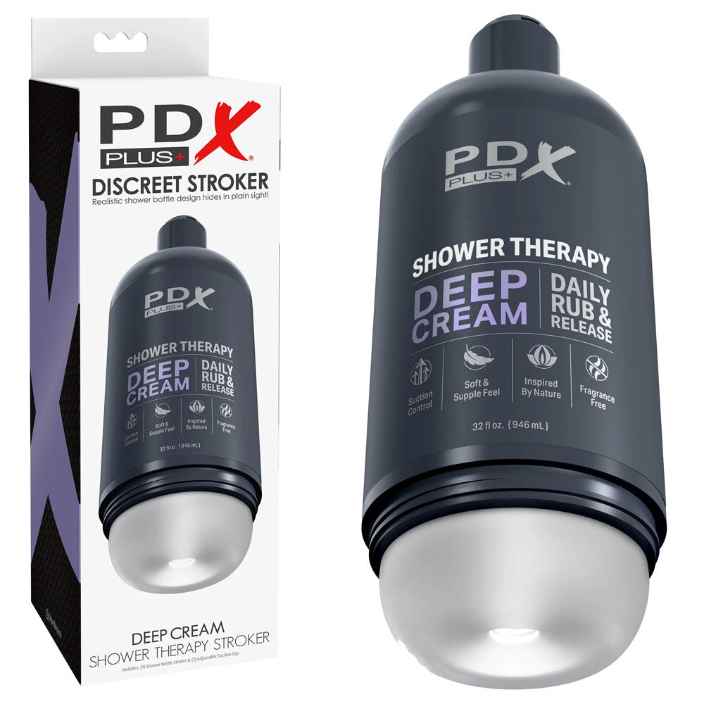 Front view of the PDX Plus Shower Therapy Deep Cream male masturbator with its packaging, set against a clean white background | Flirty Bay adult store perth