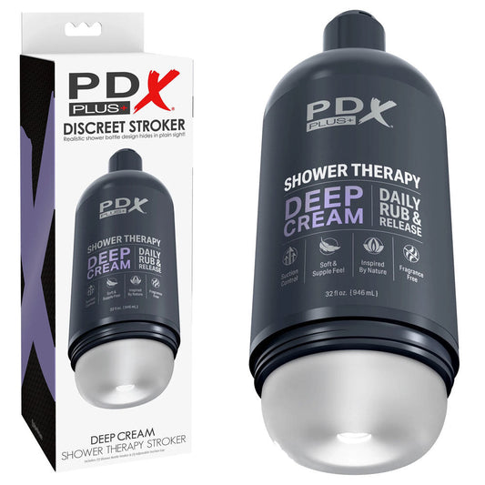 Front view of the PDX Plus Shower Therapy Deep Cream male masturbator with its packaging, set against a clean white background | Flirty Bay adult store perth