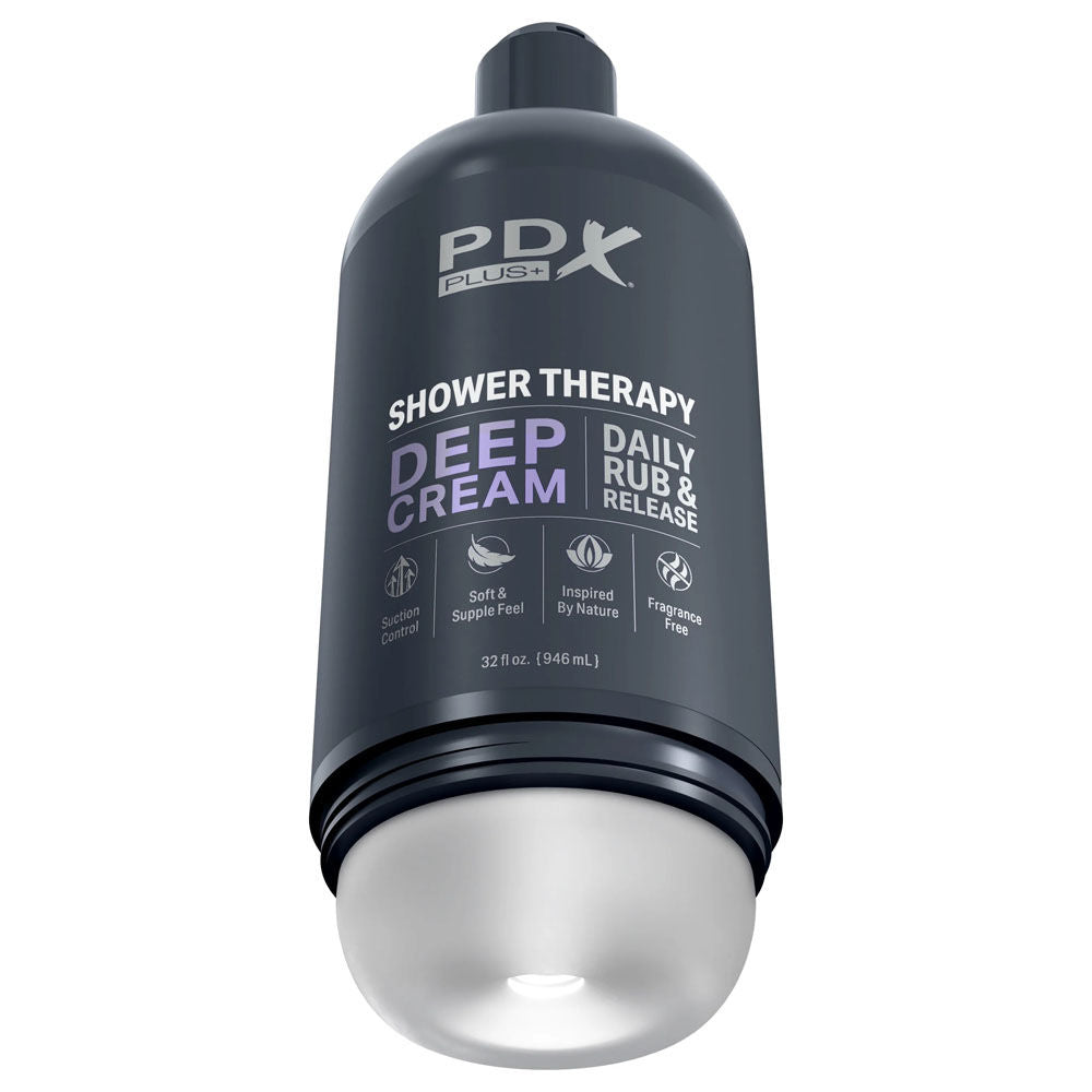Front view of the PDX Plus Shower Therapy Deep Cream male masturbator,  set against a clean white background | Flirty Bay adult store perth