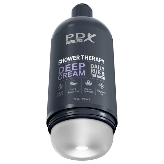 Front view of the PDX Plus Shower Therapy Deep Cream male masturbator,  set against a clean white background | Flirty Bay adult store perth