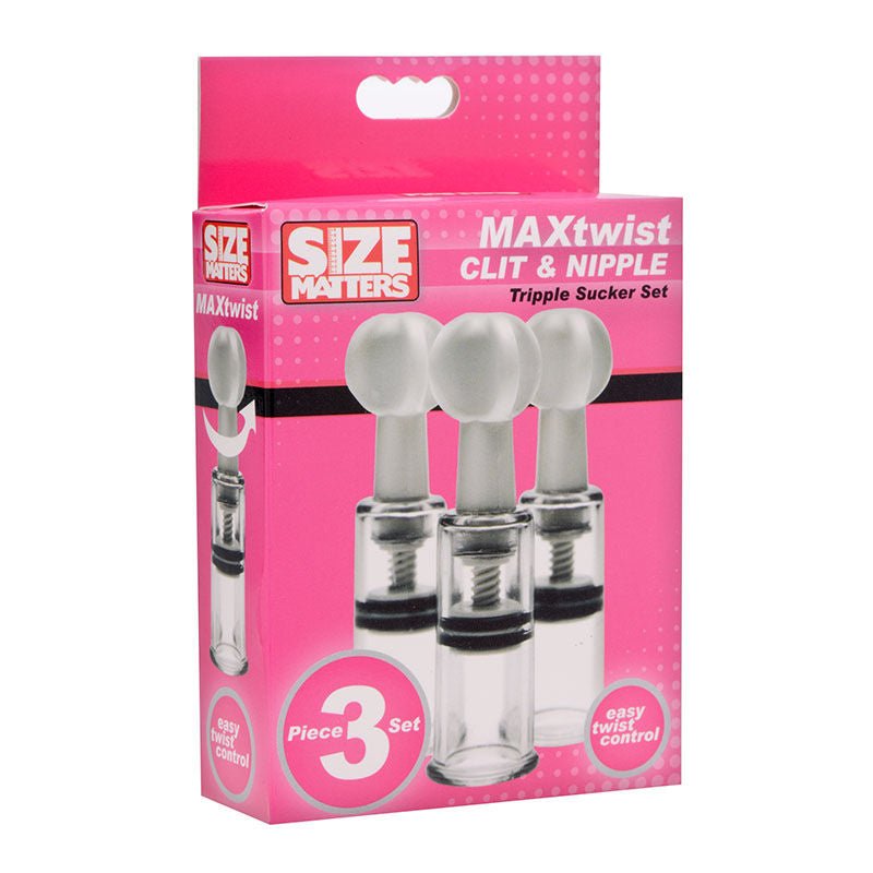 Size matters max twist clit & nipple tripple sucker set -  box side view | Flirtybay