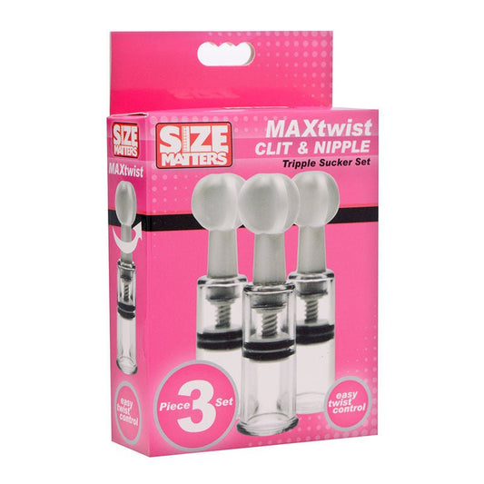 Size matters max twist clit & nipple tripple sucker set -  box side view | Flirtybay