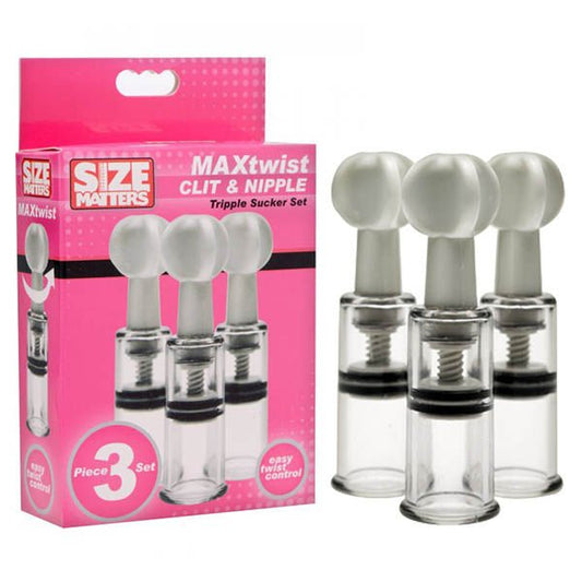 Size matters max twist clit & nipple tripple sucker set - Product front view and box side view | Flirtybay