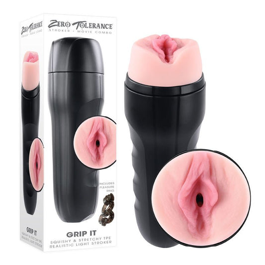 Front view of the Zero Tolerance Grip It Light pocket pussy male masturbator with packaging shown alongside, on a clean white background | Flirty Bay adult store Perth