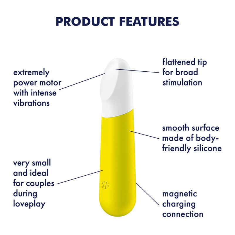 Satisfyer - ultra power bullet vibrator 4 - Yellow small vibrator - Product front view with features on a white background | Flirty Bay adult store and lingerie store