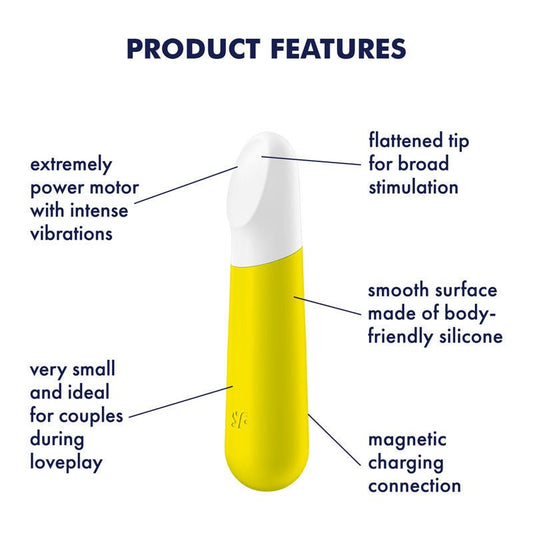 Satisfyer - ultra power bullet vibrator 4 - Yellow small vibrator - Product front view with features on a white background | Flirty Bay adult store and lingerie store