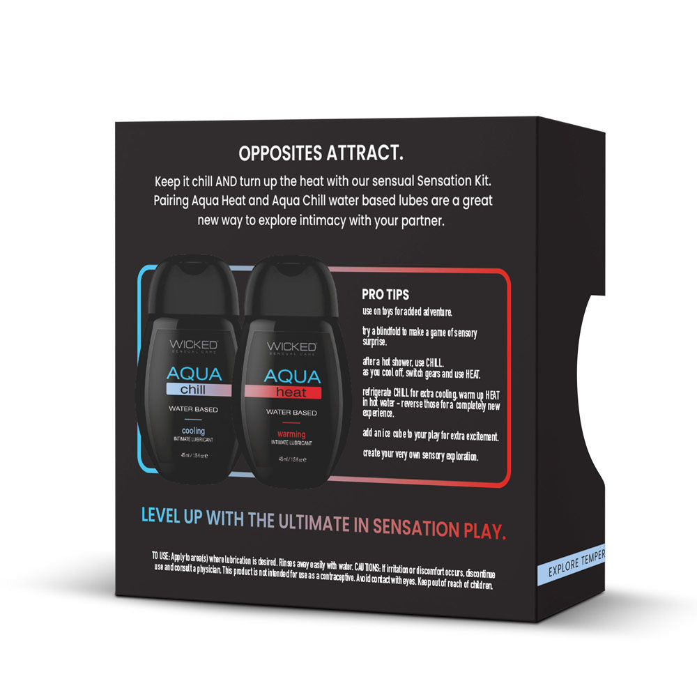 Wicked sensation kit chill+Heat water based lubricant 2x120ml product box back view | Flirtybay.com.au