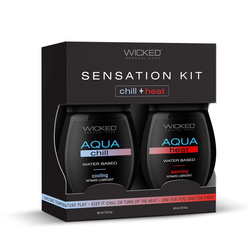 Wicked sensation kit chill+Heat water based lubricant 2x120ml product front view in box | Flirtybay.com.au