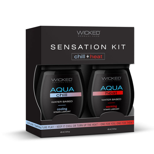 Wicked sensation kit chill+Heat water based lubricant 2x120ml product front view in box | Flirtybay.com.au