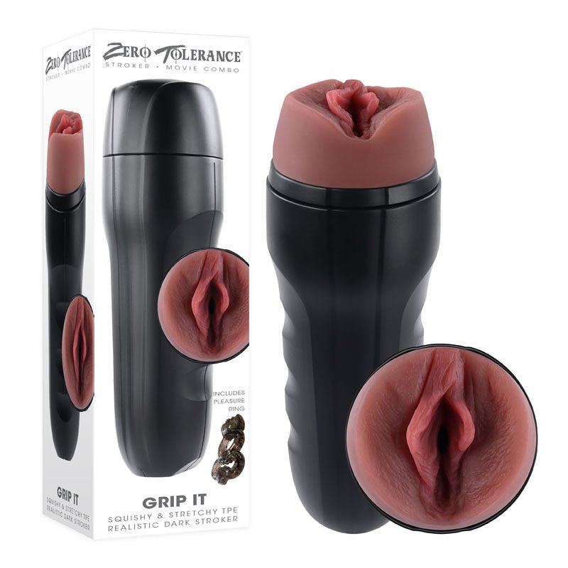 Front view of the Zero Tolerance Grip It Light Tan pocket pussy male masturbator with packaging shown alongside the toy, on a clean white background | Flirty Bay adult store Perth
