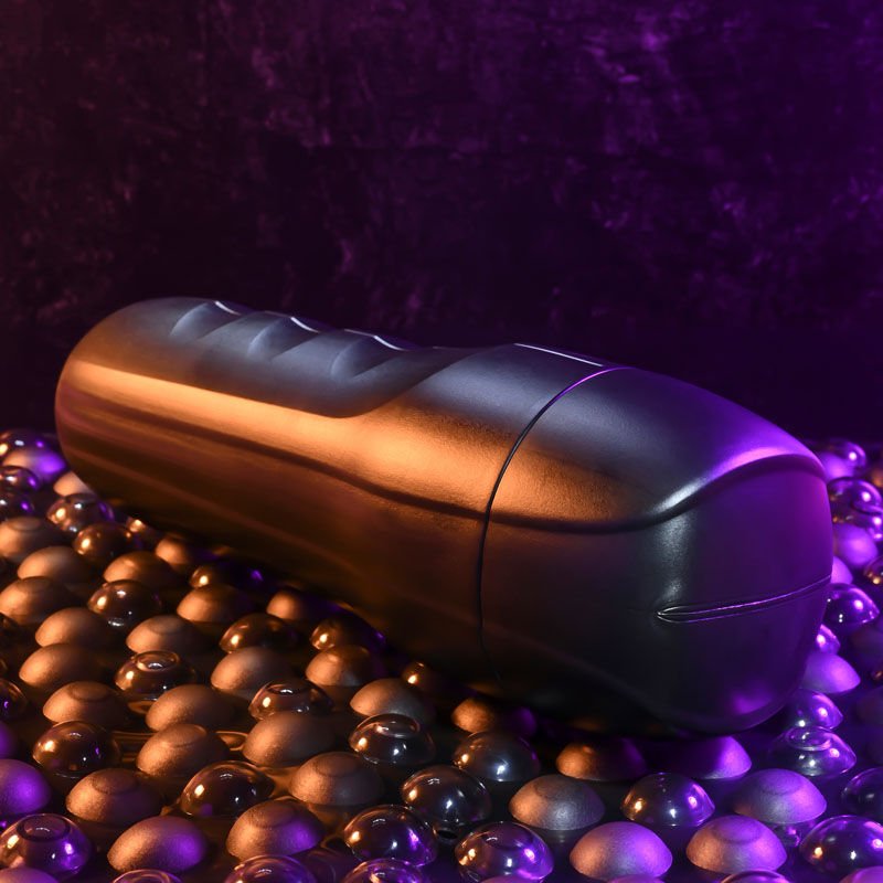 Side view of the Zero Tolerance Grip It Light Tan pocket pussy male masturbator with the cap closed, on a warm purple background | Flirty Bay adult store Perth