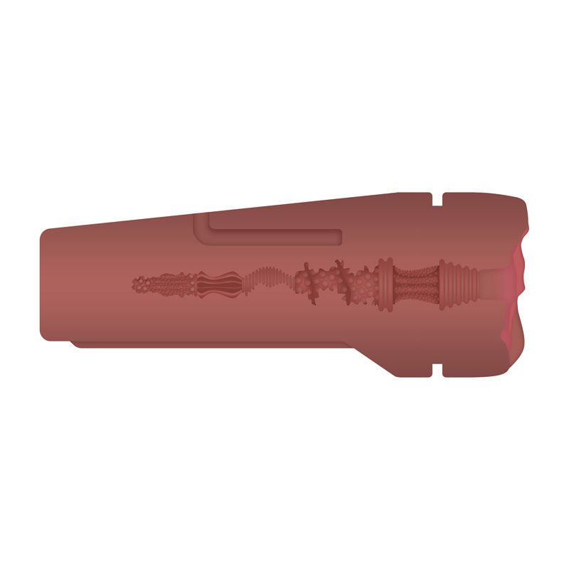 Interior view of the Zero Tolerance Grip It Light Tan sleeve showing the textured tunnel for stimulation, on a warm purple background | Flirty Bay adult store Perth