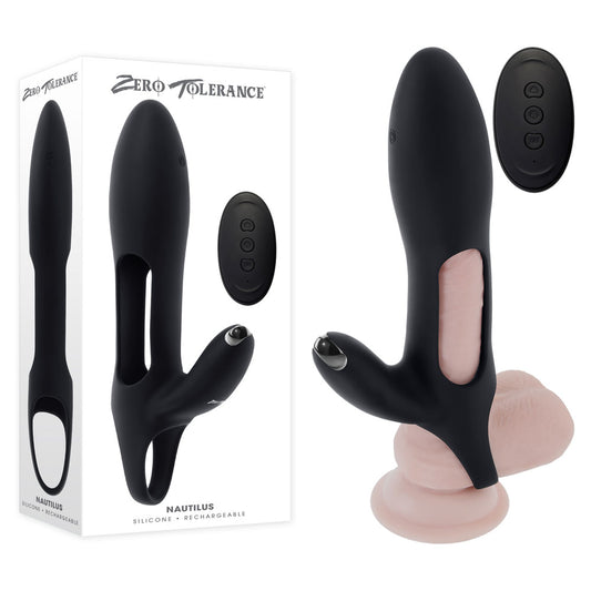 One front view of the Zero Tolerance - Nautilus - Rechargeable Vibrating Penis Extender with its packaging on the left side, on a white background | Flirty Bay, male sex toys in Perth Australia