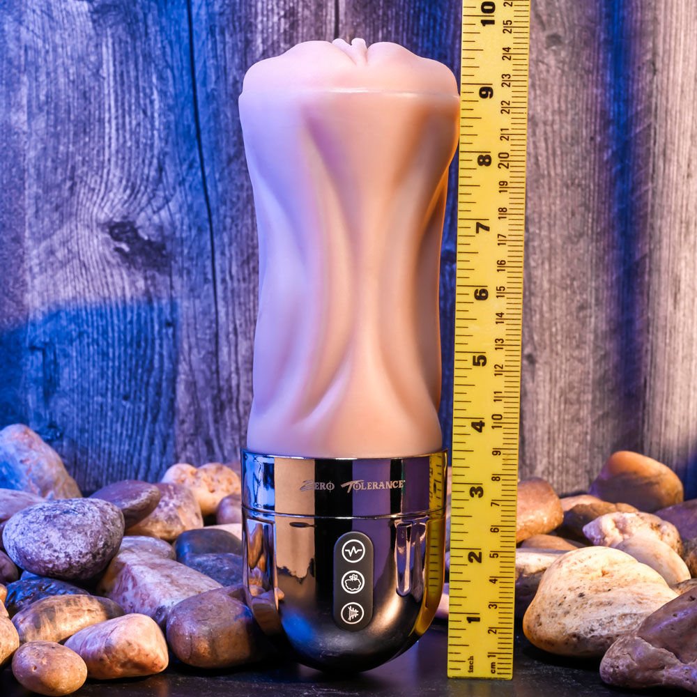 Zero tolerance - tight lipped - light - vibrating pocket pussy - Product front view, with size  | Flirty Bay