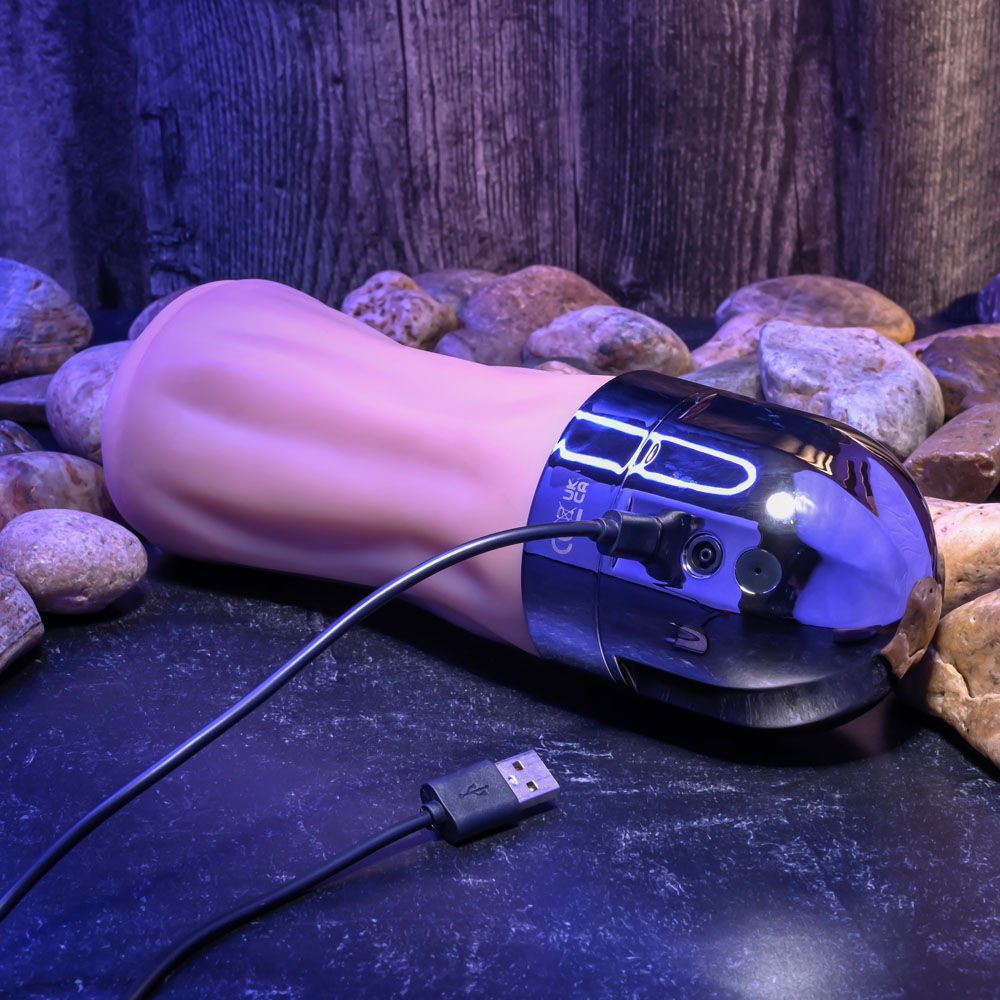 Zero tolerance - tight lipped - light - vibrating pocket pussy - Product top view, focus on charger  | Flirty Bay