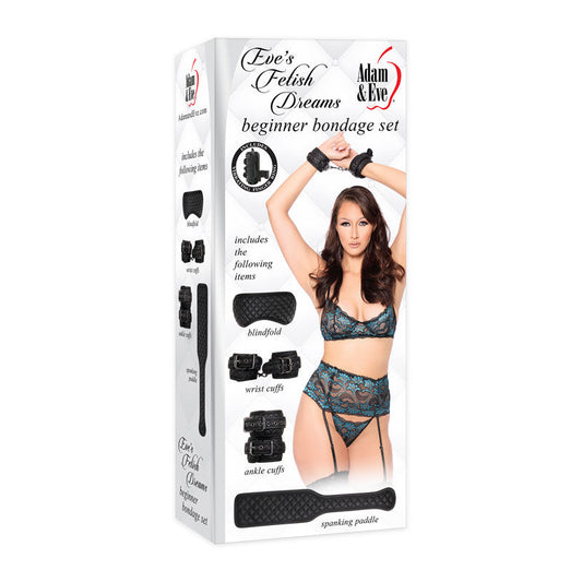 Beginner bondage kit by Adam & Eve with wrist cuffs, ankle cuffs, blindfold, and paddle in padded black vegan leather | Flirty bay online adult store, adult toys and lingerie