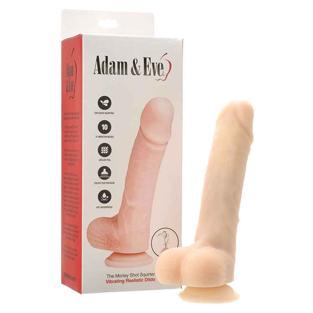 Side view of the Adam & Eve Money Shot Squirter Ejaculating Dildo with packaging on a white background | Flirty Bay, dildo Perth Australia