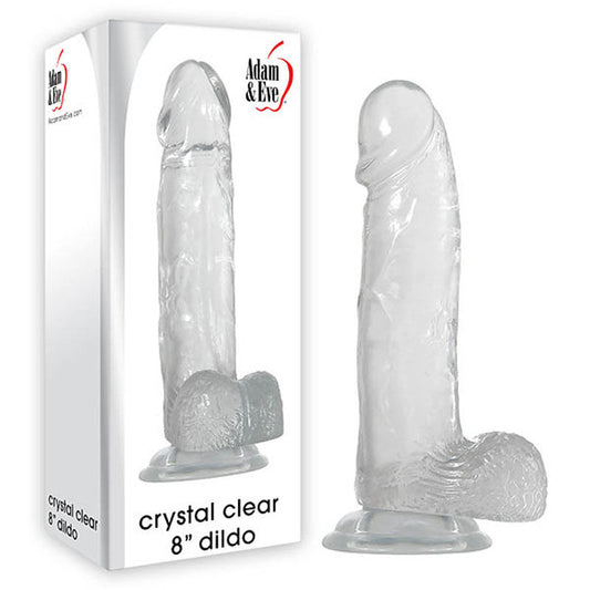 Front view of the Adam & Eve Toy Crystal 8'' Dildo with packaging on the left side on a white background | Flirty Bay, male sex toys in Perth Australia