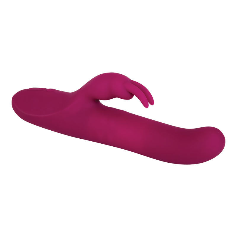 Side view of the Adam & Eve Toys Eve's Purple Twirling Rabbit Thruster laying down on a white background | Flirty Bay, male sex toys in Perth Australia