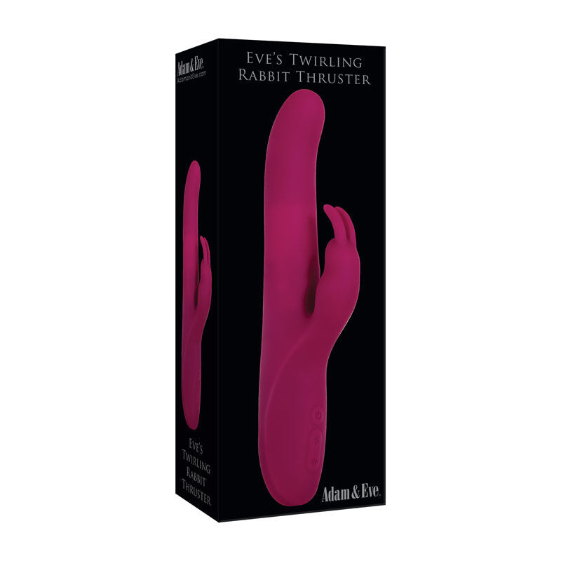 Side view of the packaging of the Adam & Eve Toys Eve's Purple Twirling Rabbit Thruster on a white background | Flirty Bay, male sex toys in Perth Australia