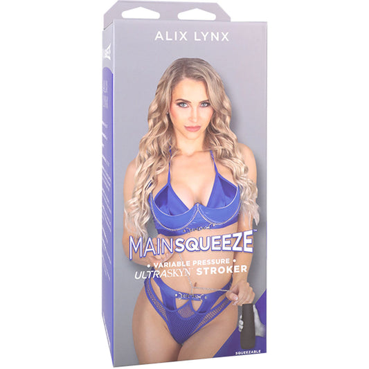 Packaging of Main Squeeze Alix Lynx stroker featuring Alix Lynx  on a clear white background| Flirty Bay, male masturbator adult store Australia