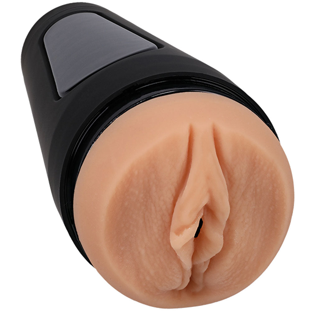 Side view of Main Squeeze Alix Lynx stroker showing entrance and texture on a clear white background | Flirty Bay, male masturbator adult store Australia