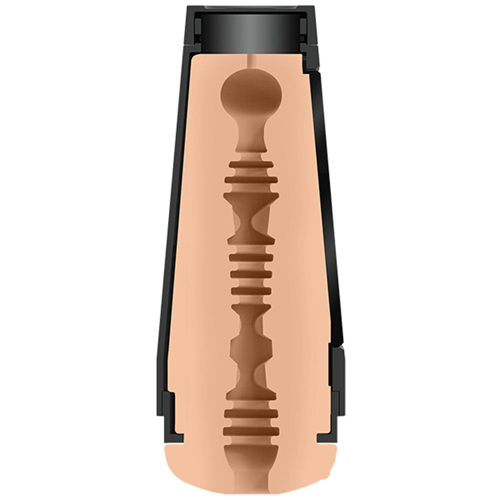 Interior textured sleeve of Main Squeeze Alix Lynx stroker on a clear white background  | Flirty Bay, male masturbator adult store Australia