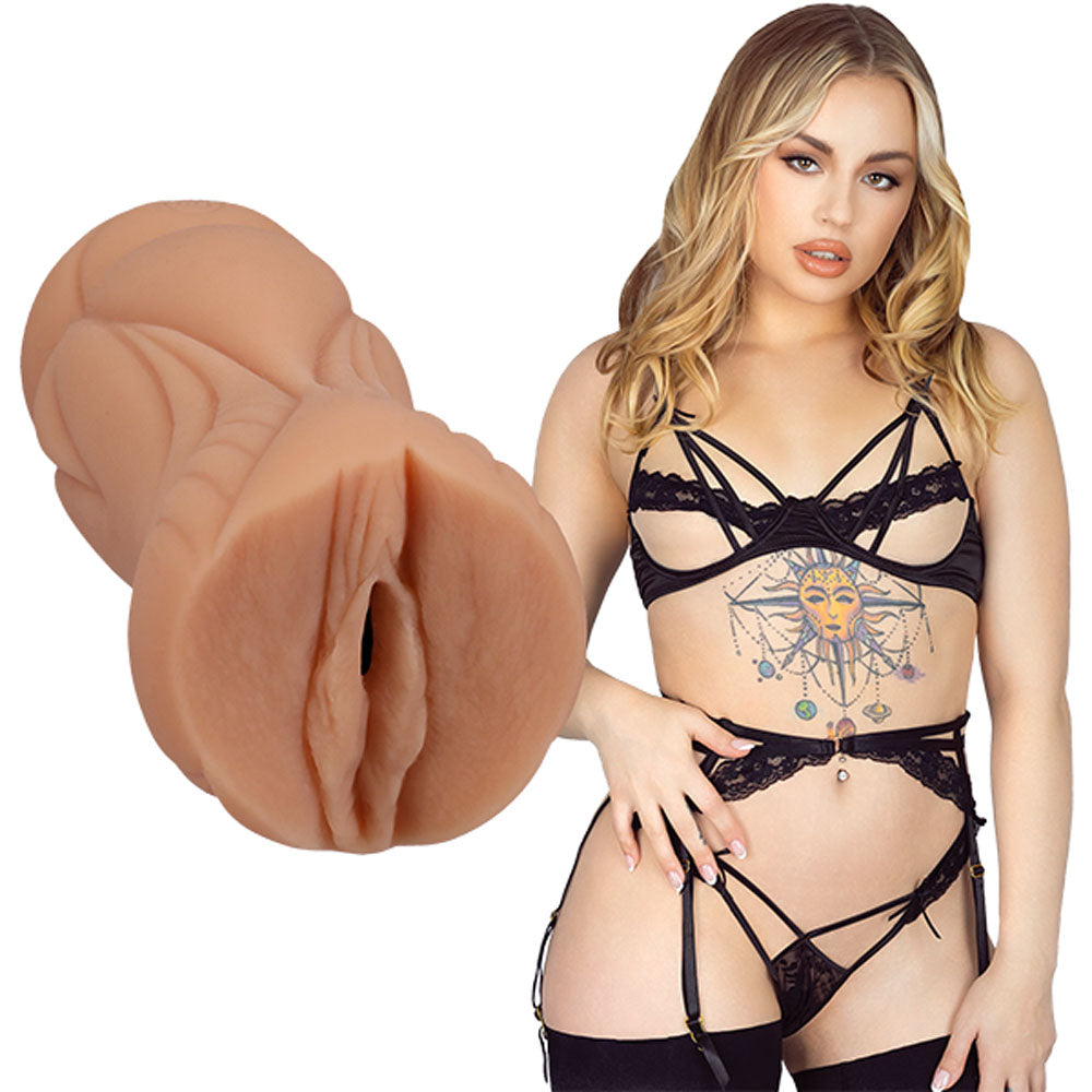 Side view of the Signature Strokers – Anna Claire Clouds – Vagina Stroker with anna clair in black lace lingerie on the right, on a clear white background | Flirty Bay, male masturbator adult store Australia