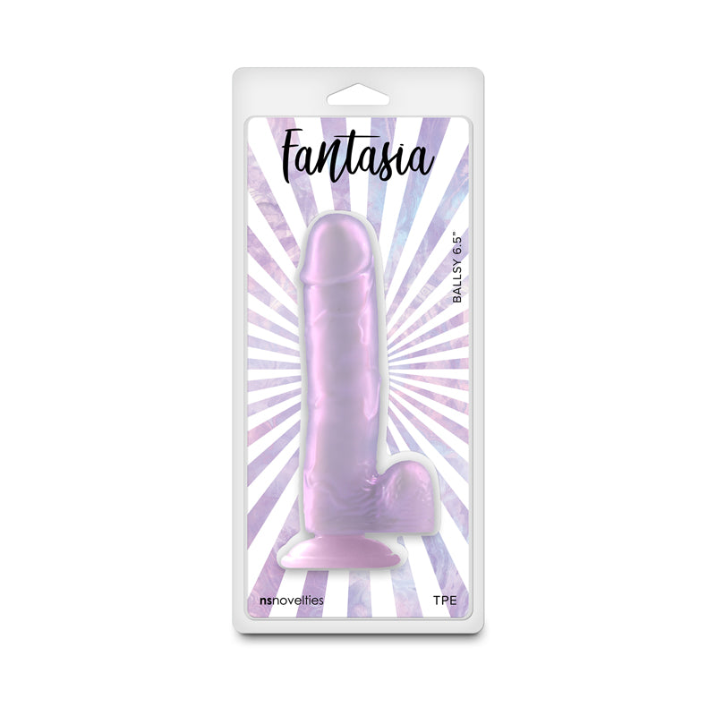 Front view of the Fantasia Ballsy Orchid Pearlescent purple Dildo 6.5'' packaging on white background | Flirty Bay, sex toys Australia