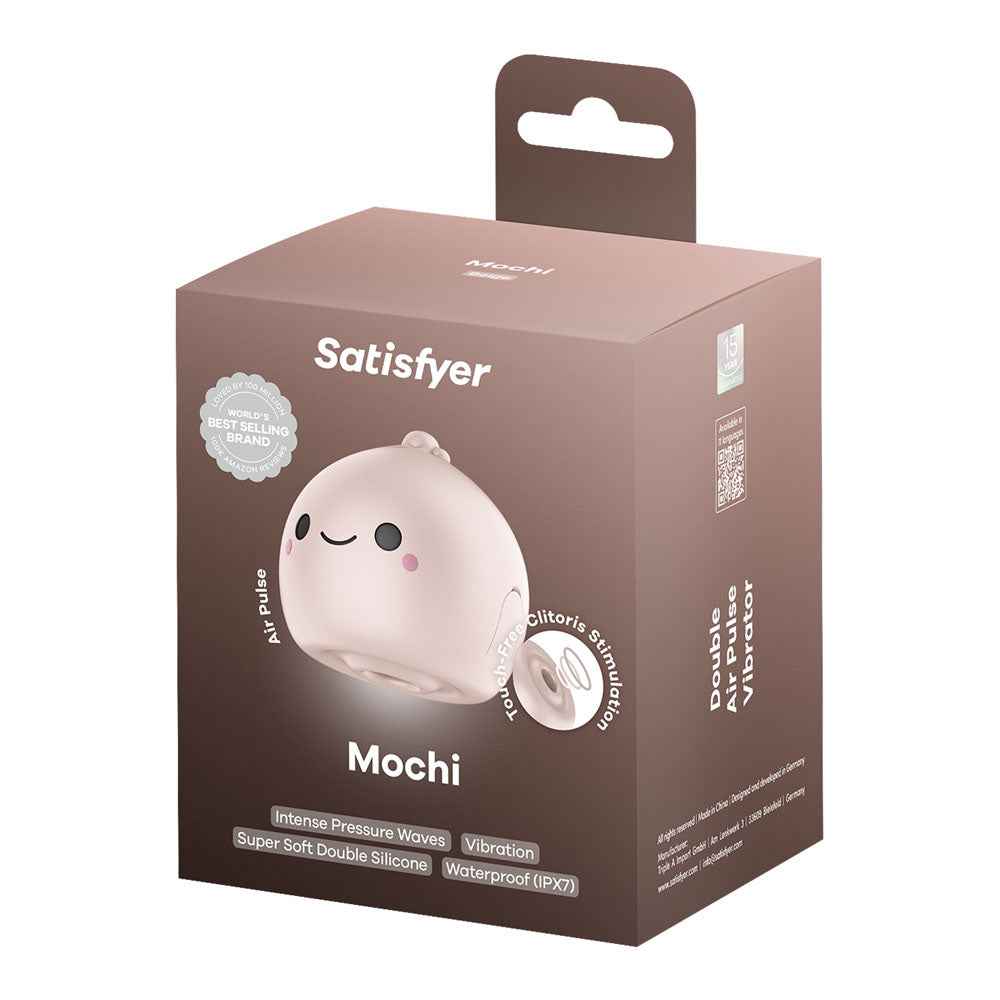 Side view of the packaging of the Beige Satisfyer Mochi USB Rechargeable Air Pulse Stimulator on a white  background | Flirty Bay, sex toys and vibrator, Perth Australia